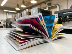 Opengevouwen kleurenbrochure met levendige magenta-, cyaan- en goudgele inktkleuren op een witte persruimte, Heidelberg-drukpers op de achtergrond.