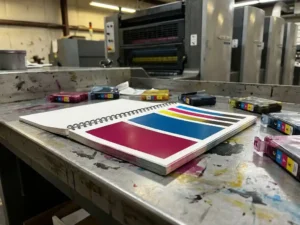 Opengeslagen kleurenstaalboekje op een inktbevlekt stalen werkblad, omringd door CMYK-cartridges, met een Heidelberg-pers op de achtergrond.