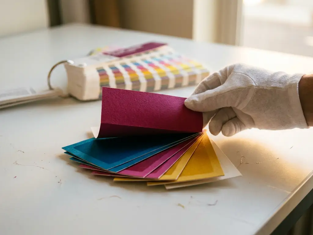 Kleurenstaalkaarten in magenta, cyaan en goudgeel uitgewaaierd op wit oppervlak, met Pantone-kleurengids en gehandschoende hand.
