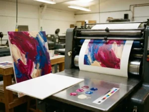Levendige kunstprint op professionele drukpers naast origineel doek, met kleurkalibratiebalk in magenta, kobaltblauw en crèmetinten.