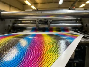 Vers bedrukt vel op offsetpers met scherpe CMYK-inktvlakken in cyaan, magenta en geel op gecoat papier.