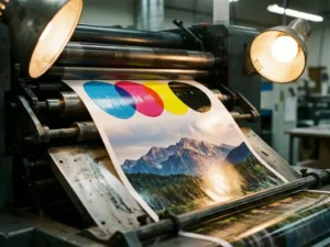Vibrant CMYK-drukvel dat uit een offsetpers komt, met overlappende cirkels in cyaan, magenta, geel en zwart op glanzend papier.