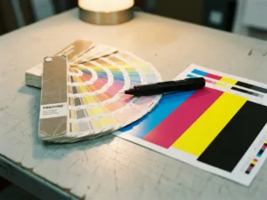 Pantone kleurenwaaier naast CMYK testvel met magenta en cyaan inktvlakken, kalibratietool dwars over beide op een grijze persruimte.