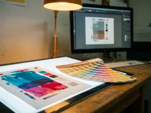 Pantone kleurenwaaier naast CMYK-proefdruk op lichttafel, met monitor op achtergrond die dezelfde kleuren gedempter weergeeft.