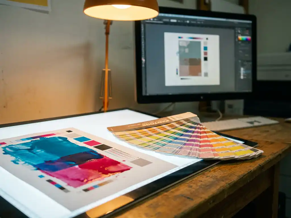 Pantone kleurenwaaier naast CMYK-proefdruk op lichttafel, met monitor op achtergrond die dezelfde kleuren gedempter weergeeft.