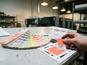 Pantone kleurenwaaier naast CMYK testvel op drukkerijstafel, vingers vergelijken koraalrode kleurchip met gedrukt kleurvlak.