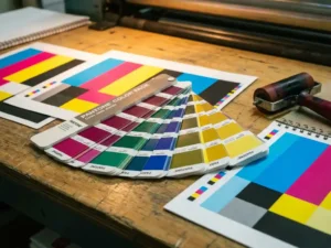 Pantone kleurenwaaier opengevouwen op een drukkerijwerkbank, omringd door CMYK testprints en een inktroller, met diepe magenta en goudgele tinten.