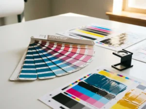 Pantone kleurenwaaier opengevouwen naast CMYK testprints en loupe op wit drukkerijoppervlak, met cyaan en magenta inkttinten.
