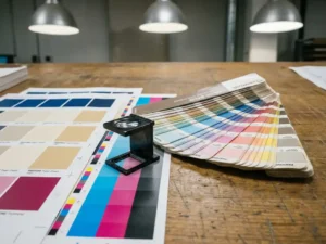 Pantone kleurenwaaier opengevouwen naast CMYK-teststroken en een kleurloepe op een drukkerijoppervlak, met inktblauw, crème en magenta tinten.