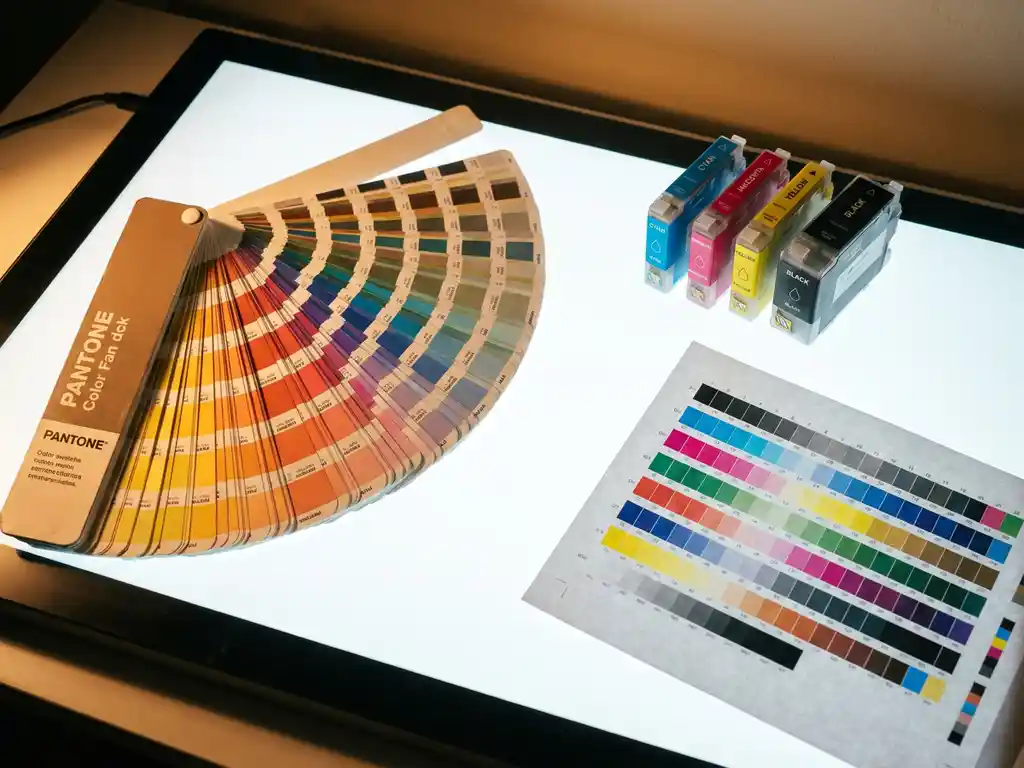 Pantone kleurenwaaier opengevouwen op lichtbak, omringd door CMYK-inktcartridges in cyaan, magenta, geel en zwart met testvel kleurprofiel.