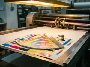 Pantone kleurenwaaier op offsetpers omringd door CMYK teststroken in cyaan, magenta en geel, met loeplens op matzwit papier.