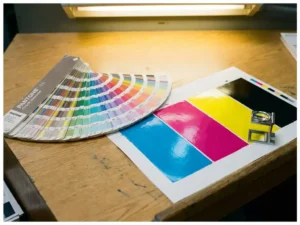 Pantone kleurenwaaier naast CMYK testvel op eiken bureau, met cyaan, magenta en gele inktvlakken en een loeplens.