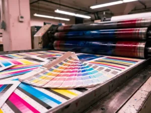 Pantone kleurenwaaier opengevouwen op een drukpers, omgeven door CMYK-teststroken in magenta, cyaan en wit.