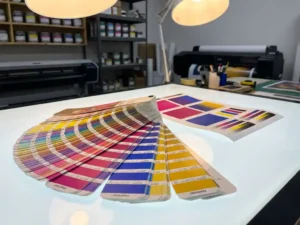 Pantone kleurenwaaier opengevouwen op witte lightbox met magenta, kobaltblauw en goudgeel, naast een kleurproefdruk in professionele printstudio.