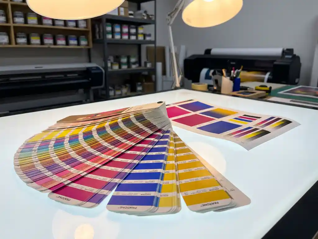 Pantone kleurenwaaier opengevouwen op witte lightbox met magenta, kobaltblauw en goudgeel, naast een kleurproefdruk in professionele printstudio.