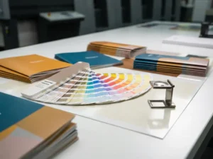 Pantone kleurenwaaier opengevouwen naast vers gedrukte brochures in levendige kleuren en een loeplens op een witte druktafel.