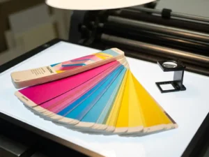 Pantone kleurenwaaier met magenta, cyaan en goudgele stalen op een witte lightbox, met een professionele loep ernaast.