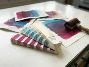 Pantone kleurenwaaier opengevouwen naast kleurtestvellen met inktgradiënten in magenta, cyaan en crème op een drukkerijoppervlak.