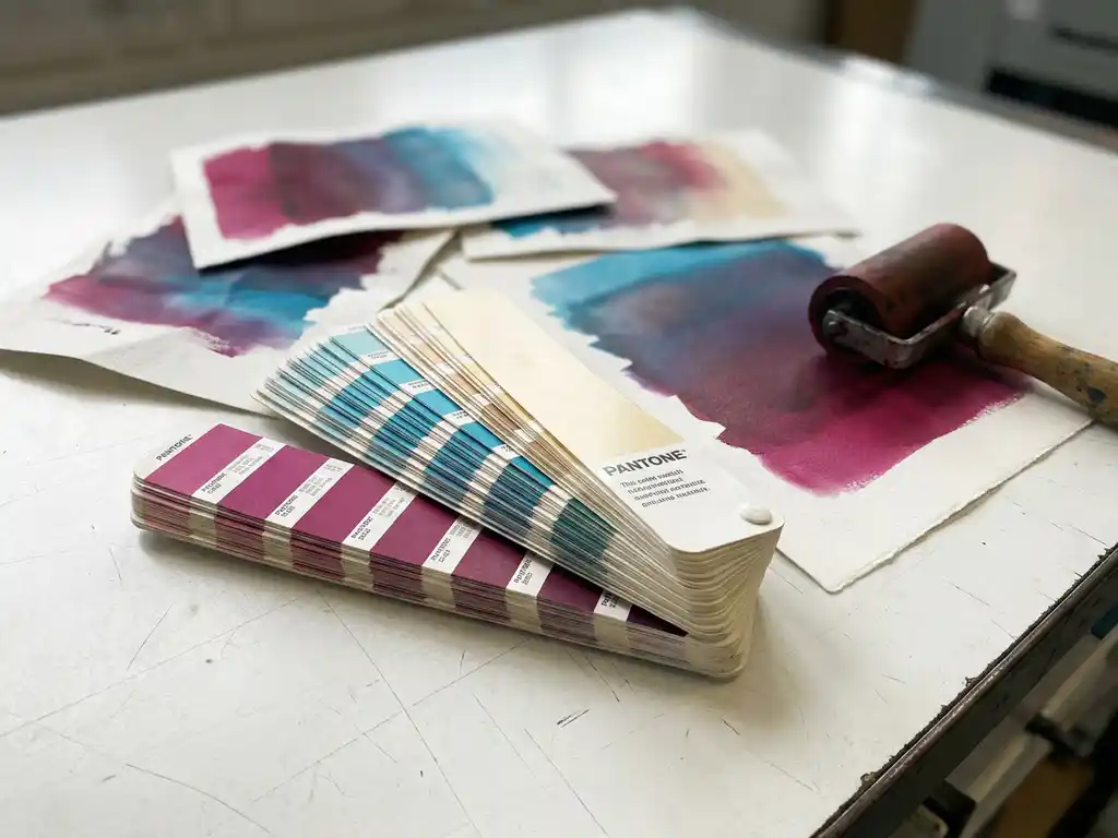 Pantone kleurenwaaier opengevouwen naast kleurtestvellen met inktgradiënten in magenta, cyaan en crème op een drukkerijoppervlak.
