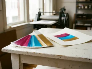 Pantone kleurenwaaier opengespreid op wit drukkerijoppervlak met magenta, cyaan en goud stalen naast vers gedrukt vel.