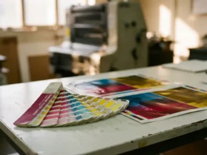 Pantone kleurenwaaier naast afgedrukt kleurvel met magenta, cyaan en goudgeel inktstalen op wit persatelier tafel.