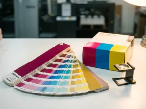 Pantone kleurenwaaier naast een gedrukte verpakkingsdoos met magenta, cyaan en goudgele inktstalen op gecoat papier, loep op witte ondergrond.