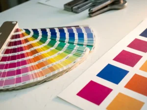 Pantone kleurenwaaier uitgespreid op witte tafel naast bedrukt vel met saturated spotkleuren, van diep magenta tot kobaltblauw.