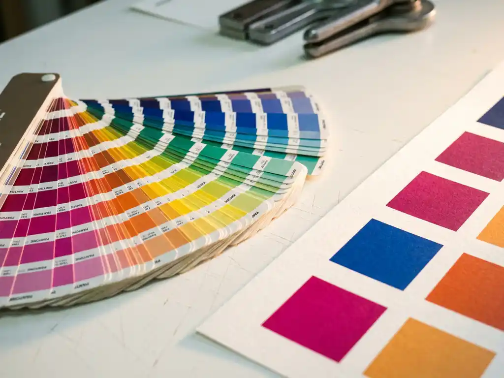 Pantone kleurenwaaier uitgespreid op witte tafel naast bedrukt vel met saturated spotkleuren, van diep magenta tot kobaltblauw.