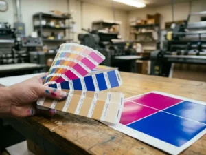 Pantone kleurenwaaier naast vers gedrukt vel met spot colors, inktgevlekte vingers vergelijken magenta en kobaltblauwe tinten op druktafel.