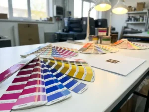Pantone kleurenwaaiers opengevouwen op wit studioblad met magenta, kobaltblauw en goudgeel inkttinten naast een vers geprinte logosheet.