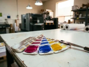 Pantone kleurenwaaier opengevouwen met diepe magenta, kobaltblauw en goudgeel inktstalen op wit persoppervlak.