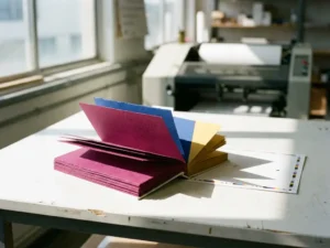 Pantone kleurenwaaier opengevouwen op wit drukkerijoppervlak met magenta, kobaltblauw en goudgeel inktstalen in warm zijlicht.