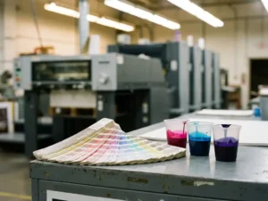 Pantone kleurenwaaier opengespreid op werkstation met inktmixbekers in magenta, cyaan en diepviolet, offset drukpers op achtergrond.