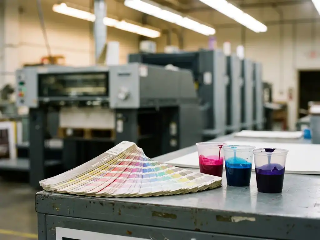 Pantone kleurenwaaier opengespreid op werkstation met inktmixbekers in magenta, cyaan en diepviolet, offset drukpers op achtergrond.