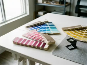 Pantone kleurenwaaiers opengevouwen op witte printtafel met loupe, rijke inktkleuren in magenta, kobaltblauw en goudgeel in natuurlijk licht.