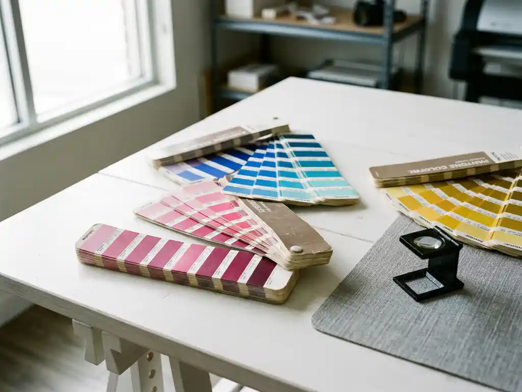 Pantone kleurenwaaiers opengevouwen op witte printtafel met loupe, rijke inktkleuren in magenta, kobaltblauw en goudgeel in natuurlijk licht.