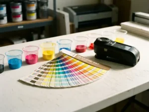 Pantone kleurenwaaier opengevouwen op witte studiotafel, omringd door inktmixbekers in cyaan, magenta en geel met een spectrofotometer.