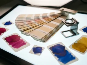 Pantone kleurenwaaier opengevouwen op een lichtbak, omringd door magenta, kobaltblauwe en goudgele inktswatches met een kleurloepe ernaast.