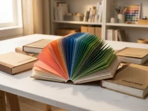 Waaier van Pantone kleurenstaalboekjes op een witte studiowerkbank, met levendige kleurschakeringen van koraal tot kobaltblauw en bosgroen.