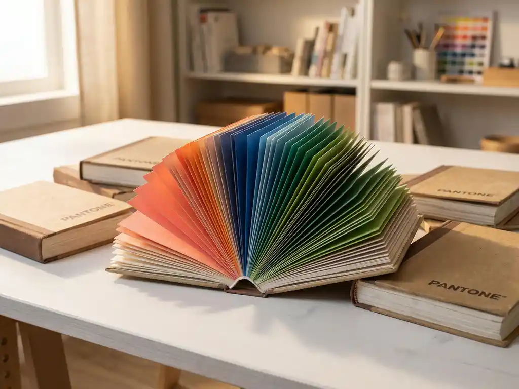 Waaier van Pantone kleurenstaalboekjes op een witte studiowerkbank, met levendige kleurschakeringen van koraal tot kobaltblauw en bosgroen.