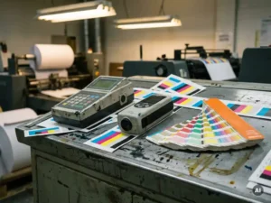Densitometer en spectrofotometer op inktvlekke persconsolee naast CMYK teststroken en kleurstalenkaarten onder industriële verlichting.