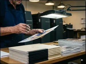 Drukker inspecteert kleurenproef onder fel licht, met afgedrukte brochures op productietafel en Heidelberg pers op achtergrond.