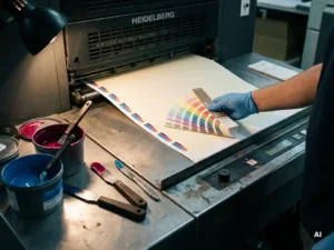 Technicus vergelijkt kleurenwaaier met CMYK-kleurbalken op vers bedrukt vel bij een Heidelberg drukpers.