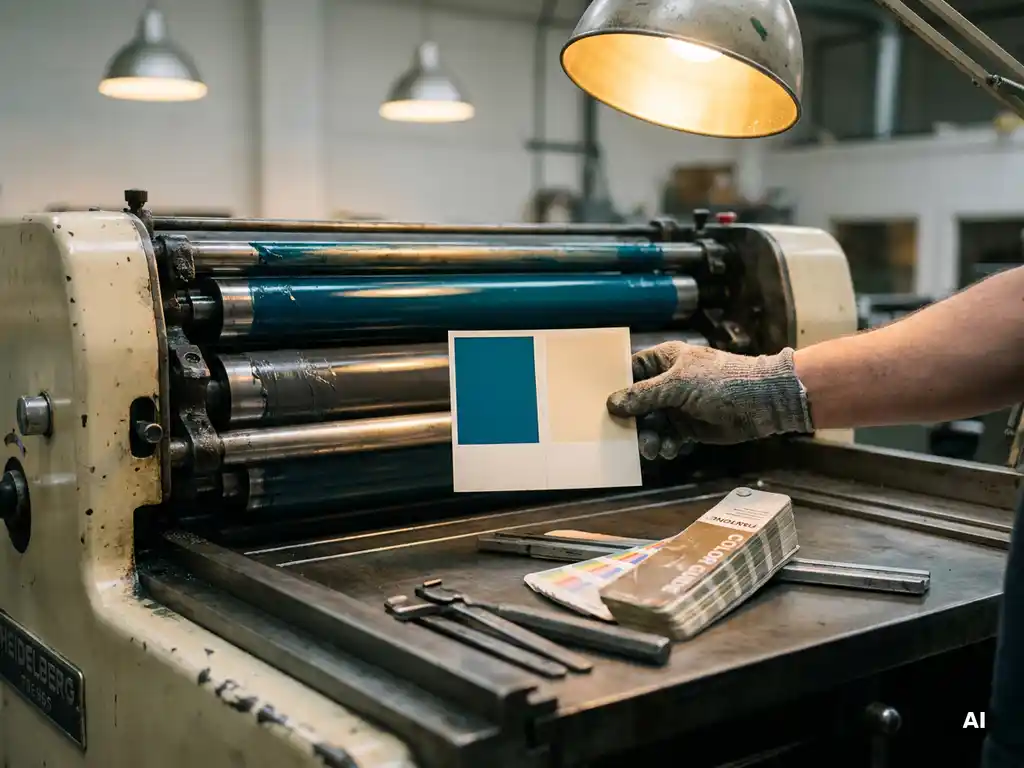 Twee identieke kleurstalen boven een Heidelberg drukpers, met inktrollen en een Pantone kleurengids op de achtergrond.