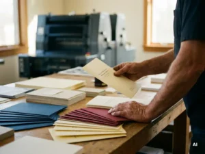 Vakman inspecteert vers gedrukte brochure, omringd door kleurrijke drukstalen in navy, crème en magenta op een studiowerkblad.