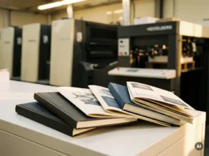 Stapel gedrukte brochures, flyers en hardcoverboeken op wit oppervlak, Heidelberg drukpers zachtjes onscherp op achtergrond.