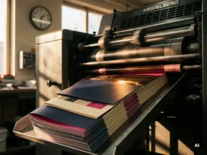 Verse brochures glijden van een Heidelberg drukpers, glanzende inkt op roomwit papier, bewegingsonscherpte op de rollen.
