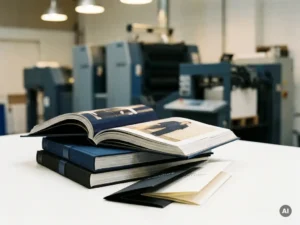 Stapel glanzende magazines, hardcover boeken en brochures op wit studiooppervlak, professionele offsetpers op de achtergrond.