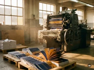 Heidelberg drukpers in werking met gestapelde brochures en tijdschriften op een industriële printvloer, warme gouden belichting.
