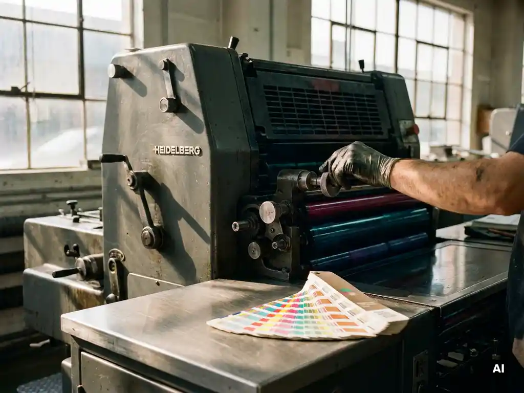 Technicus stelt inktrollen af op een Heidelberg drukpers, met uitgewaaierde kleurenteststrips in cyaan en magenta op het staalgrijs oppervlak.